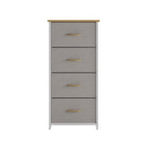 Harris 4 Drawer Vertical Storage Dresser with White Cast Iron Frame, Oak Wood Top and Beige Easy Pull Fabric Drawers with Natural Wooden Handles