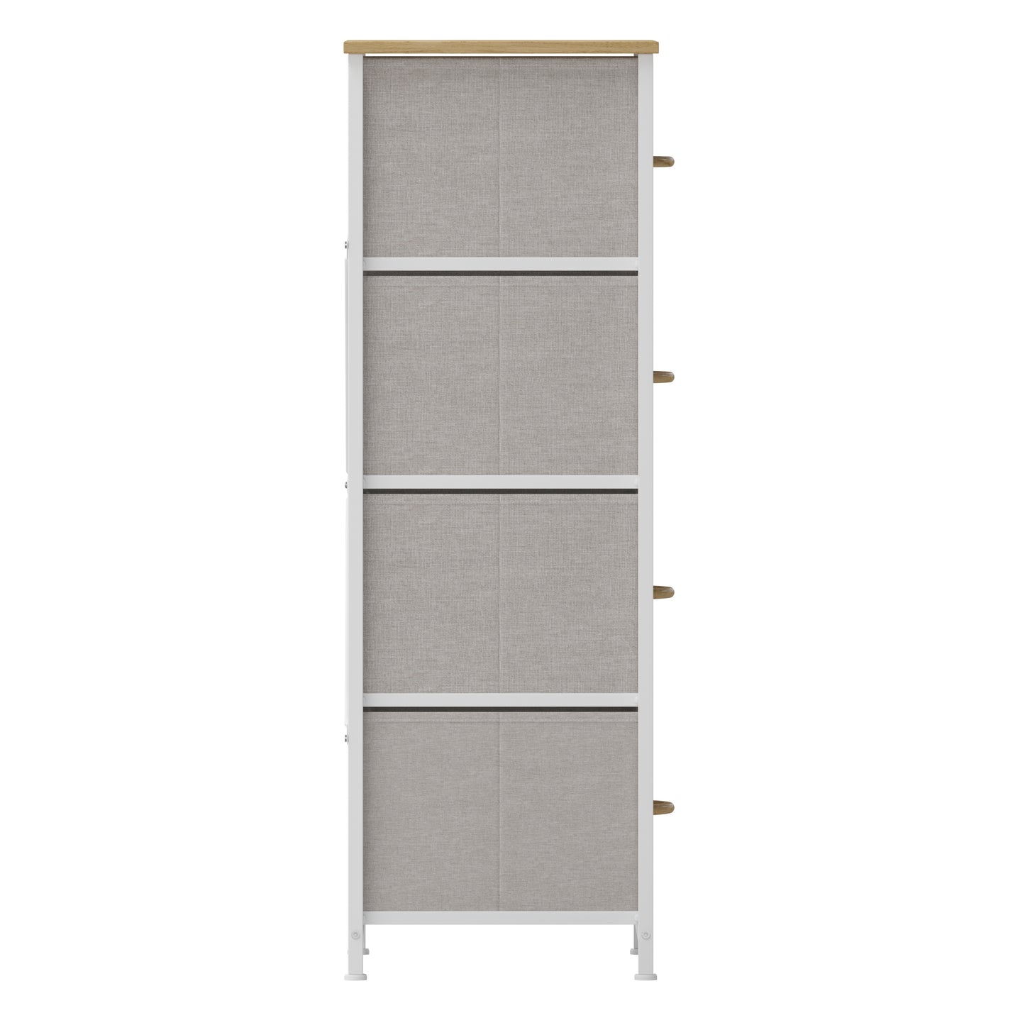 Harris 4 Drawer Vertical Storage Dresser with White Cast Iron Frame, Oak Wood Top and Beige Easy Pull Fabric Drawers with Natural Wooden Handles