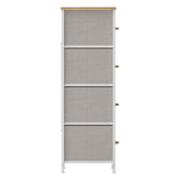 Harris 4 Drawer Vertical Storage Dresser with White Cast Iron Frame, Oak Wood Top and Beige Easy Pull Fabric Drawers with Natural Wooden Handles