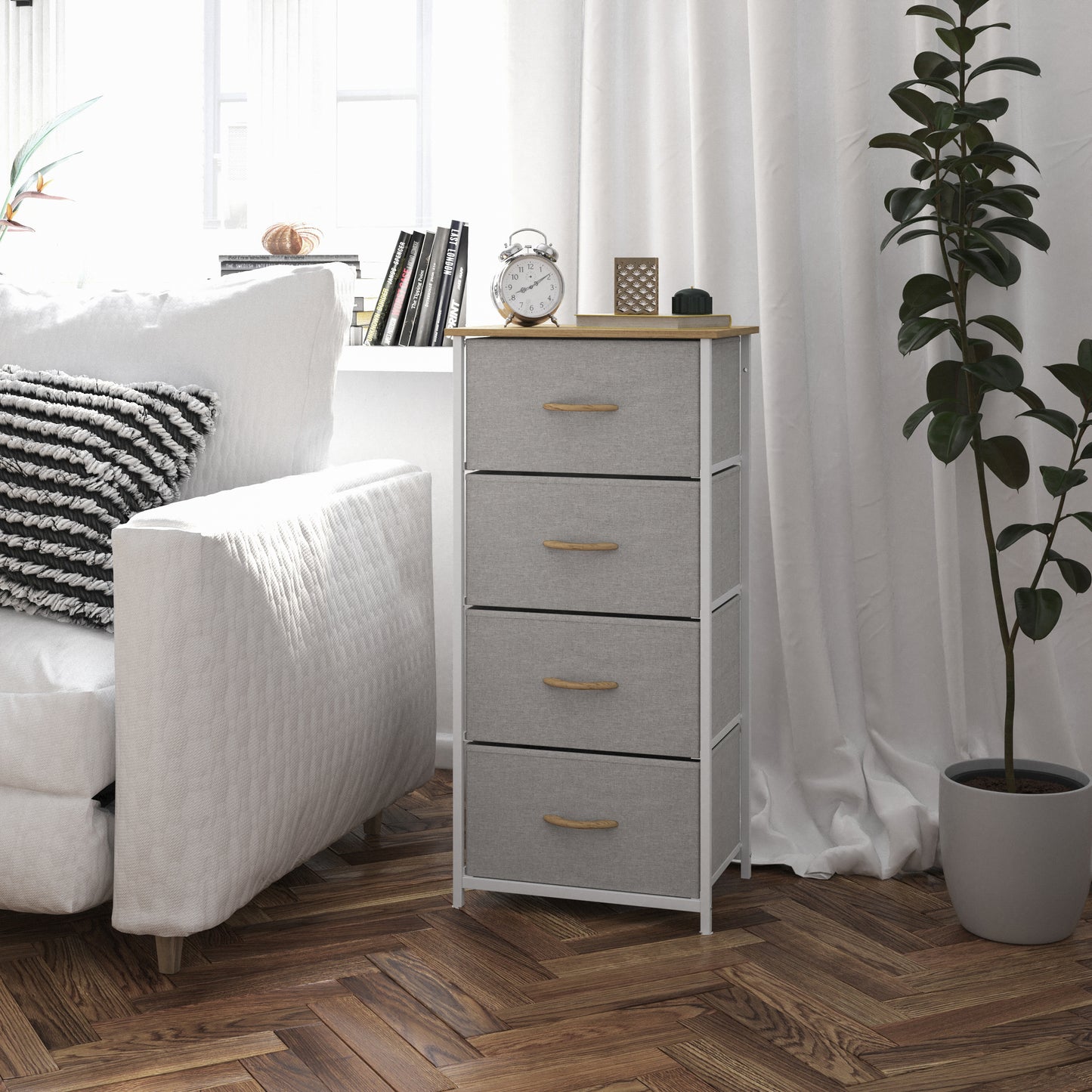 Harris 4 Drawer Vertical Storage Dresser with White Cast Iron Frame, Oak Wood Top and Beige Easy Pull Fabric Drawers with Natural Wooden Handles