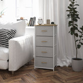 Harris 4 Drawer Vertical Storage Dresser with White Cast Iron Frame, Oak Wood Top and Beige Easy Pull Fabric Drawers with Natural Wooden Handles