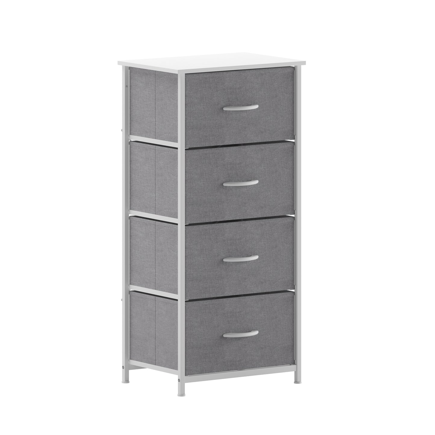 Harris 4 Drawer Vertical Storage Dresser with White Cast Iron Frame, White Wood Top and Gray Easy Pull Fabric Drawers with White Wooden Handles