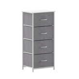 Harris 4 Drawer Vertical Storage Dresser with White Cast Iron Frame, White Wood Top and Gray Easy Pull Fabric Drawers with White Wooden Handles