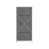 Harris 4 Drawer Vertical Storage Dresser with White Cast Iron Frame, White Wood Top and Gray Easy Pull Fabric Drawers with White Wooden Handles