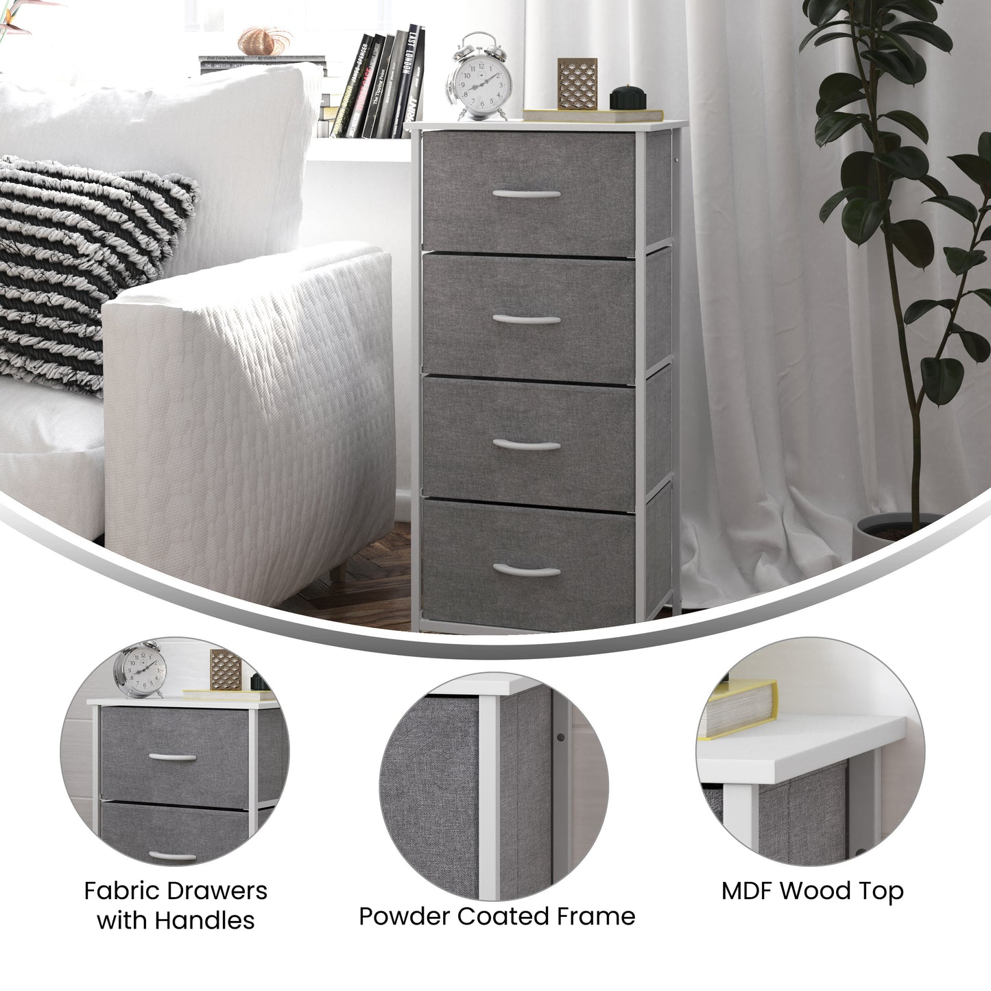 Harris 4 Drawer Vertical Storage Dresser with White Cast Iron Frame, White Wood Top and Gray Easy Pull Fabric Drawers with White Wooden Handles