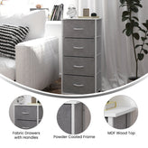 Harris 4 Drawer Vertical Storage Dresser with White Cast Iron Frame, White Wood Top and Gray Easy Pull Fabric Drawers with White Wooden Handles