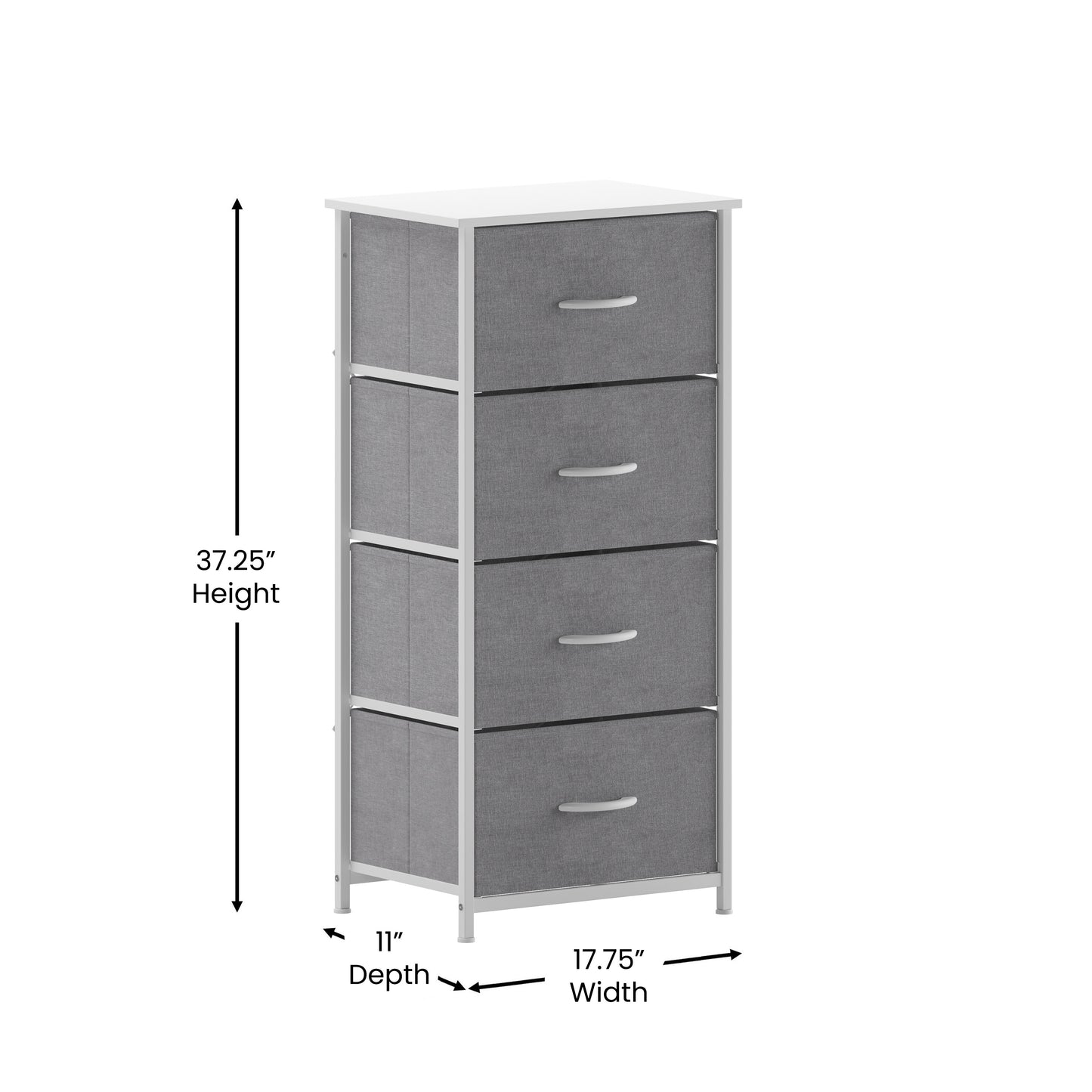 Harris 4 Drawer Vertical Storage Dresser with White Cast Iron Frame, White Wood Top and Gray Easy Pull Fabric Drawers with White Wooden Handles