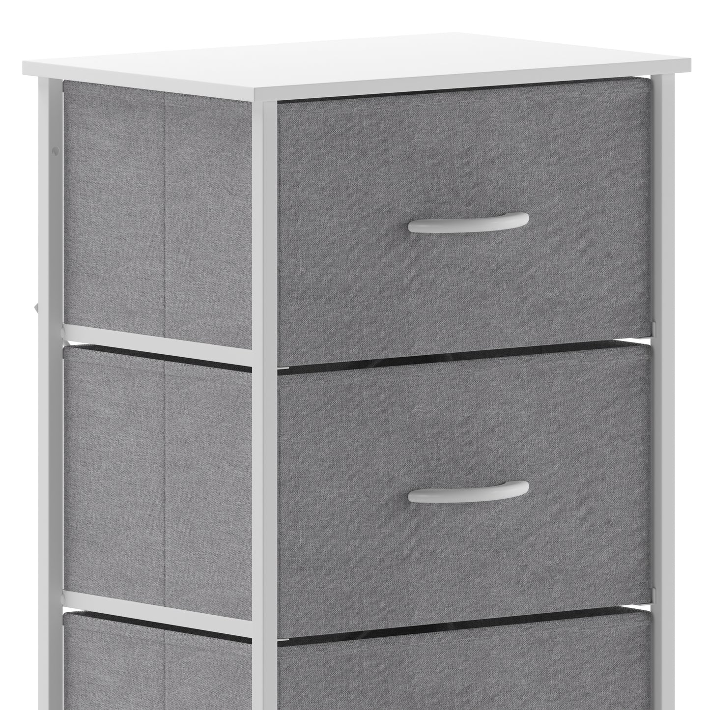 Harris 4 Drawer Vertical Storage Dresser with White Cast Iron Frame, White Wood Top and Gray Easy Pull Fabric Drawers with White Wooden Handles
