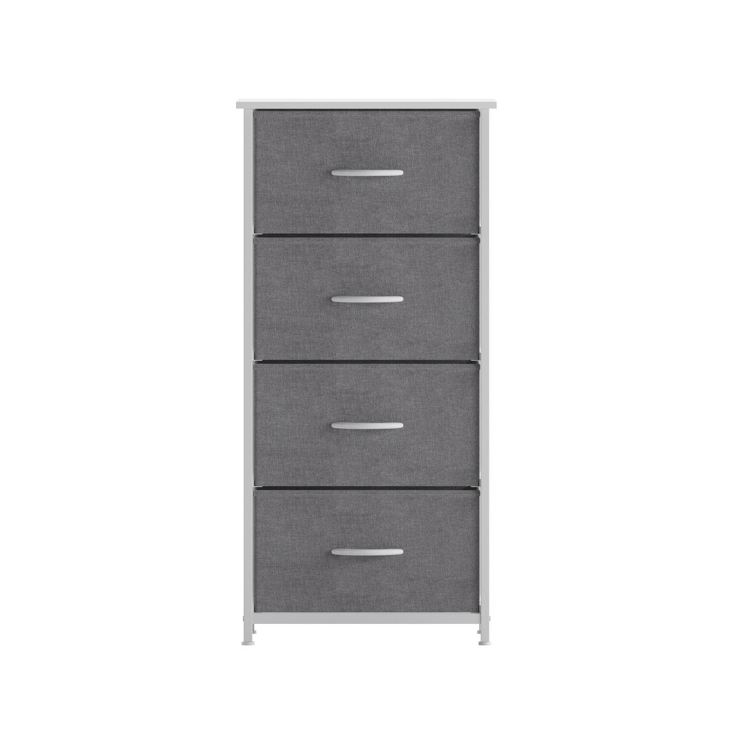 Harris 4 Drawer Vertical Storage Dresser with White Cast Iron Frame, White Wood Top and Gray Easy Pull Fabric Drawers with White Wooden Handles