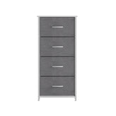 Harris 4 Drawer Vertical Storage Dresser with White Cast Iron Frame, White Wood Top and Gray Easy Pull Fabric Drawers with White Wooden Handles