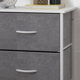 Harris 4 Drawer Vertical Storage Dresser with White Cast Iron Frame, White Wood Top and Gray Easy Pull Fabric Drawers with White Wooden Handles