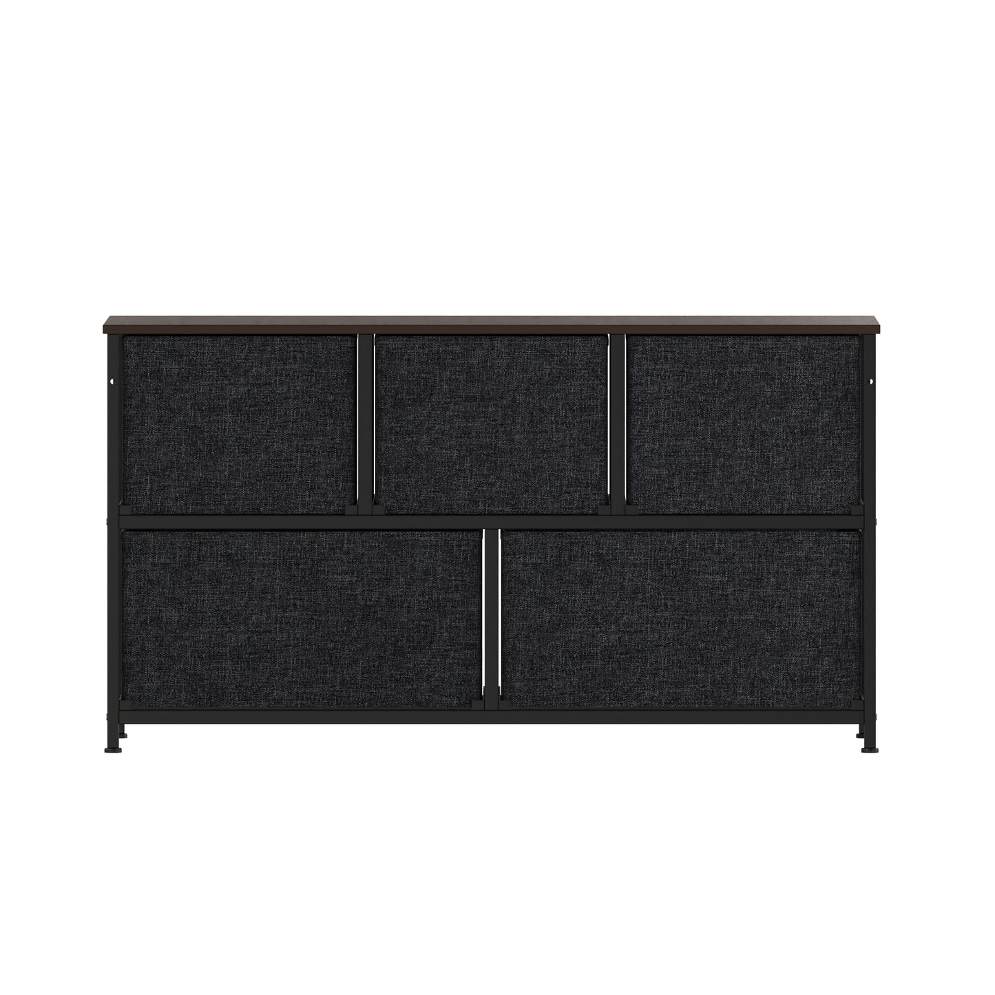 Harris 5 Drawer Storage Dresser with Black Cast Iron Frame, Brown Wood Top and Brown Easy Pull Engineered Wood Drawers with Wooden Handles