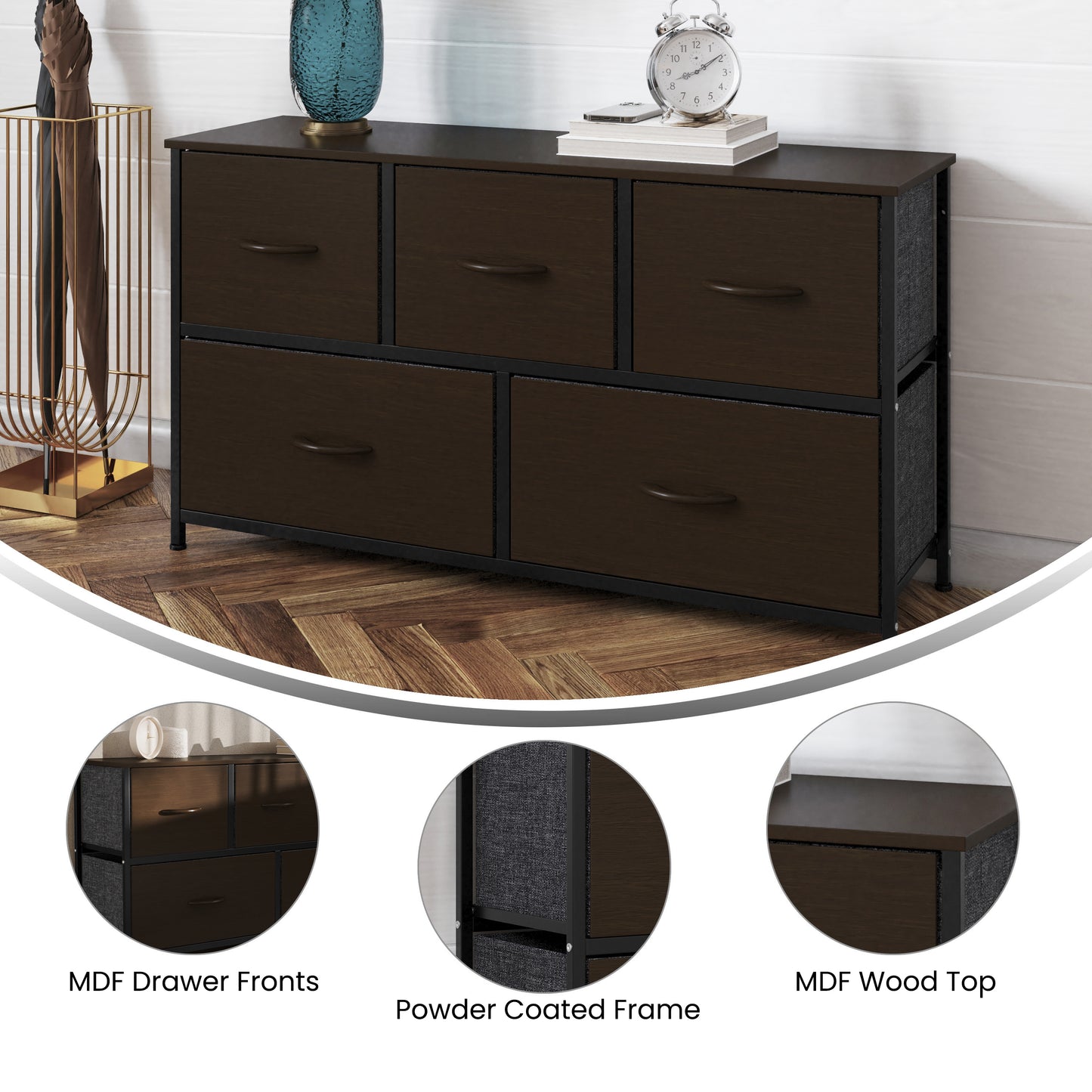 Harris 5 Drawer Storage Dresser with Black Cast Iron Frame, Brown Wood Top and Brown Easy Pull Engineered Wood Drawers with Wooden Handles