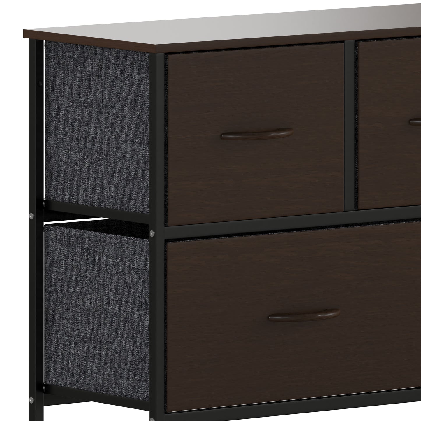 Harris 5 Drawer Storage Dresser with Black Cast Iron Frame, Brown Wood Top and Brown Easy Pull Engineered Wood Drawers with Wooden Handles