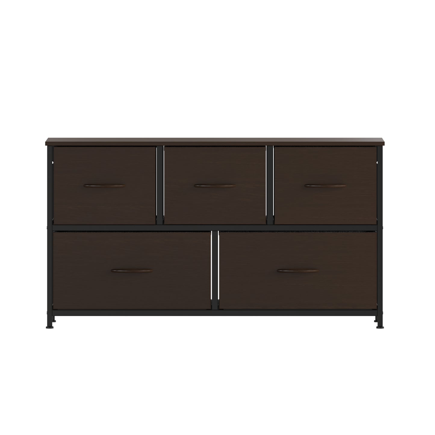 Harris 5 Drawer Storage Dresser with Black Cast Iron Frame, Brown Wood Top and Brown Easy Pull Engineered Wood Drawers with Wooden Handles
