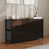 Harris 5 Drawer Storage Dresser with Black Cast Iron Frame, Brown Wood Top and Brown Easy Pull Engineered Wood Drawers with Wooden Handles