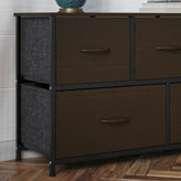 Harris 5 Drawer Storage Dresser with Black Cast Iron Frame, Brown Wood Top and Brown Easy Pull Engineered Wood Drawers with Wooden Handles