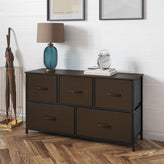 Harris 5 Drawer Storage Dresser with Black Cast Iron Frame, Brown Wood Top and Brown Easy Pull Engineered Wood Drawers with Wooden Handles