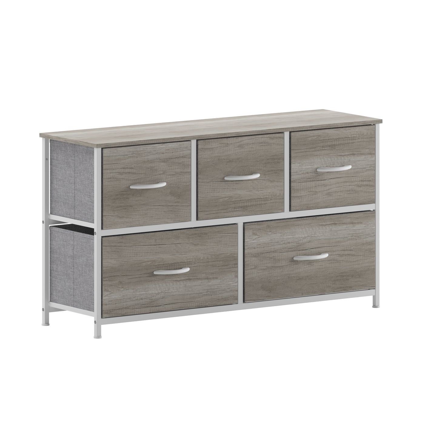 Harris 5 Drawer Storage Dresser with White Cast Iron Frame, Light Natural Wood Top and Easy Pull Engineered Wood Drawers, and White Wooden Handles
