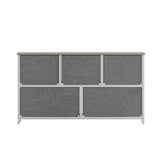 Harris 5 Drawer Storage Dresser with White Cast Iron Frame, Light Natural Wood Top and Easy Pull Engineered Wood Drawers, and White Wooden Handles