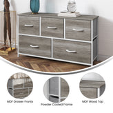 Harris 5 Drawer Storage Dresser with White Cast Iron Frame, Light Natural Wood Top and Easy Pull Engineered Wood Drawers, and White Wooden Handles