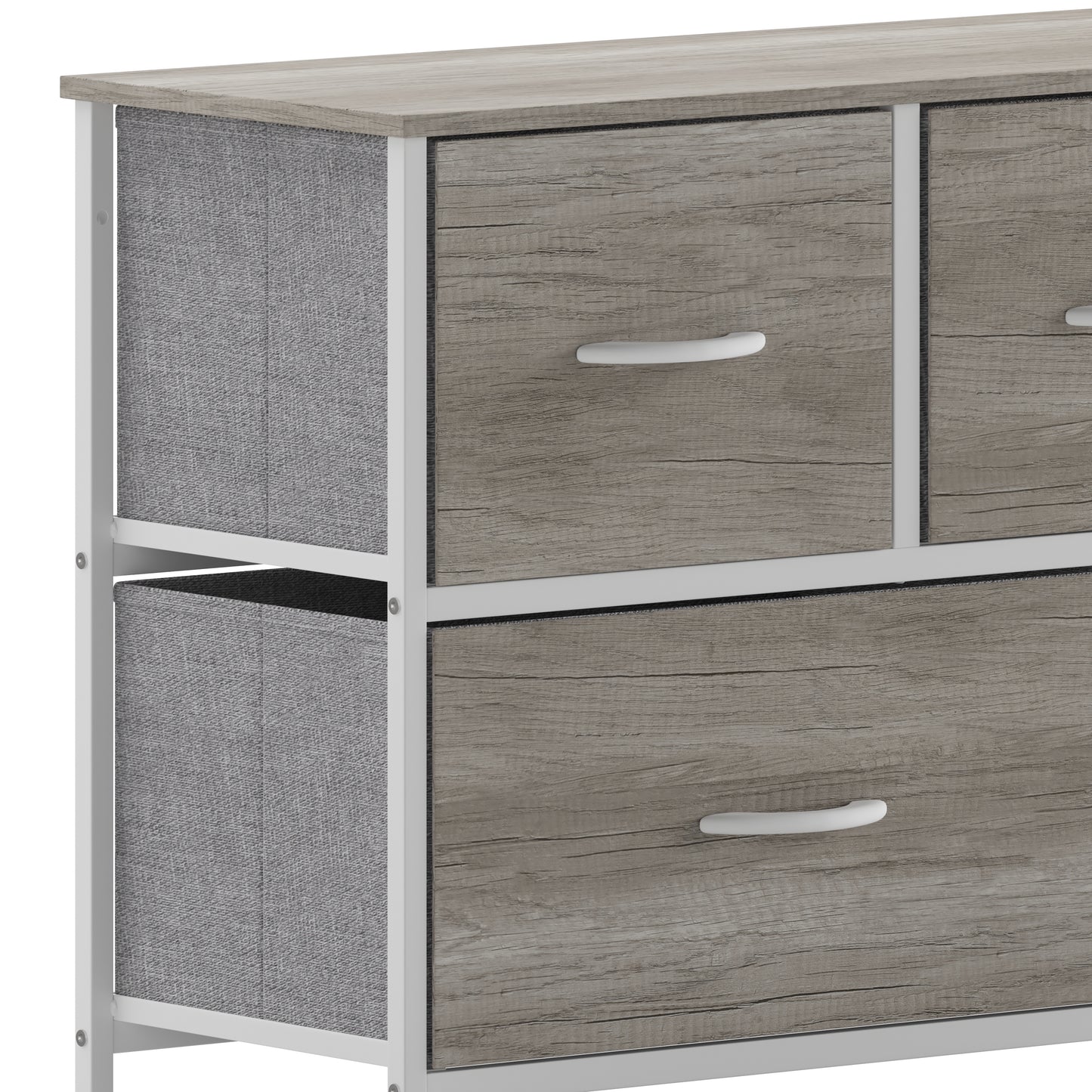 Harris 5 Drawer Storage Dresser with White Cast Iron Frame, Light Natural Wood Top and Easy Pull Engineered Wood Drawers, and White Wooden Handles