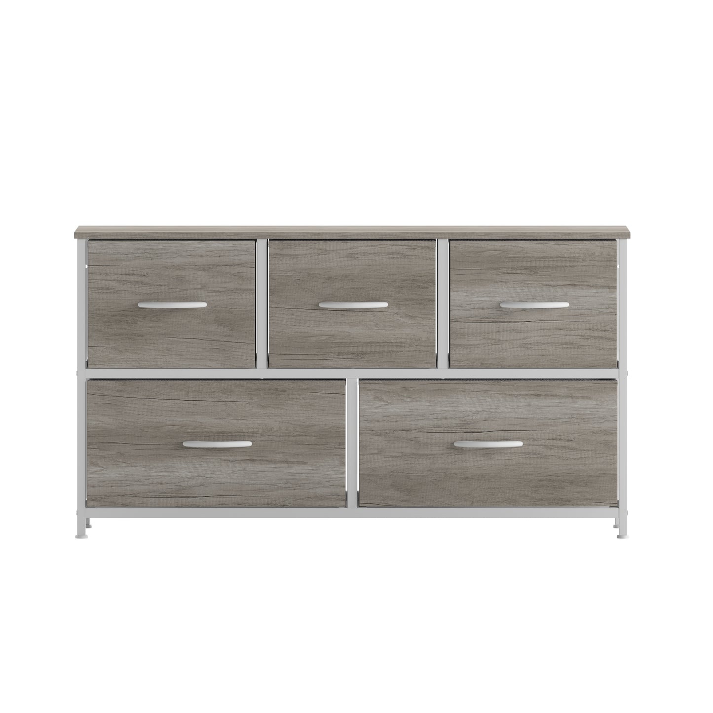 Harris 5 Drawer Storage Dresser with White Cast Iron Frame, Light Natural Wood Top and Easy Pull Engineered Wood Drawers, and White Wooden Handles