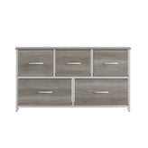 Harris 5 Drawer Storage Dresser with White Cast Iron Frame, Light Natural Wood Top and Easy Pull Engineered Wood Drawers, and White Wooden Handles