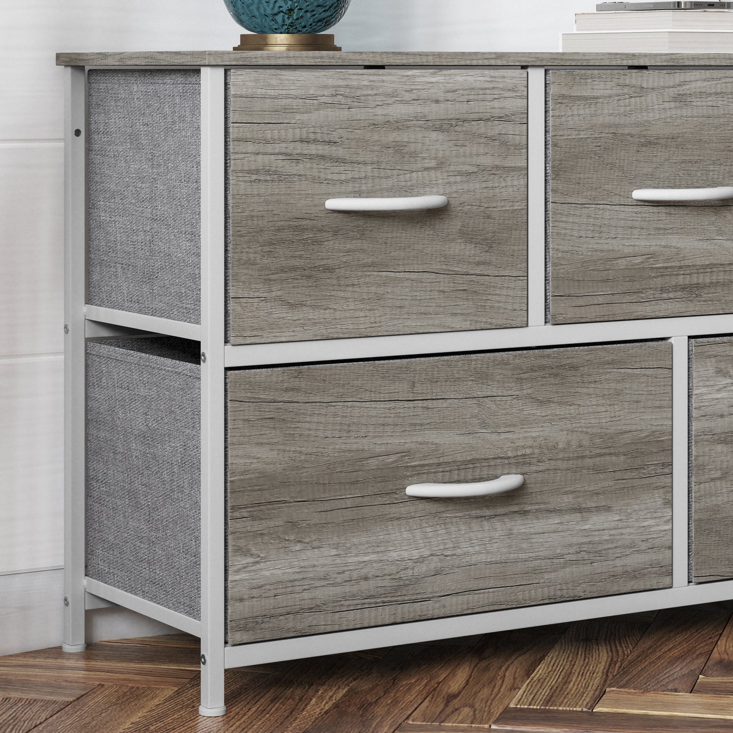 Harris 5 Drawer Storage Dresser with White Cast Iron Frame, Light Natural Wood Top and Easy Pull Engineered Wood Drawers, and White Wooden Handles