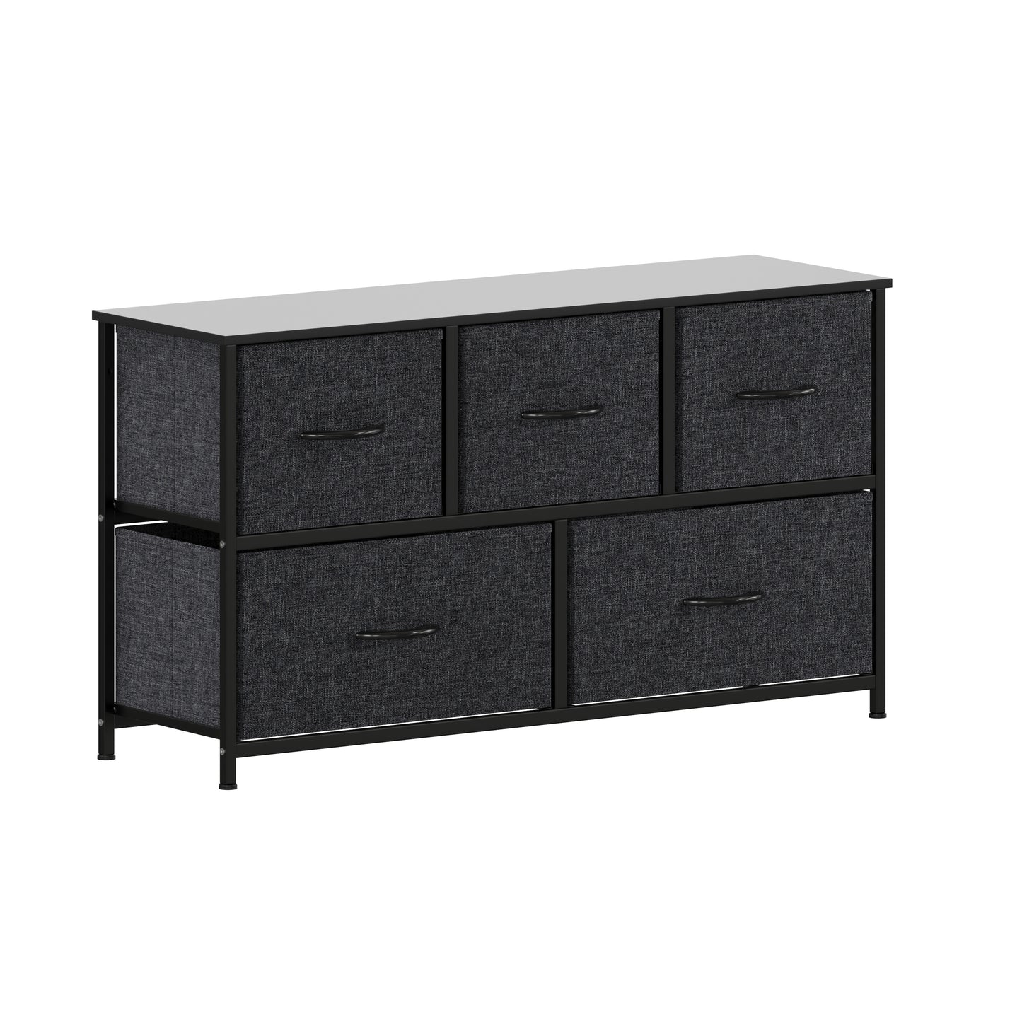 Harris 5 Drawer Vertical Storage Dresser with Black Cast Iron Frame and Wood Top and Black Easy Pull Fabric Drawers with Wooden Handles