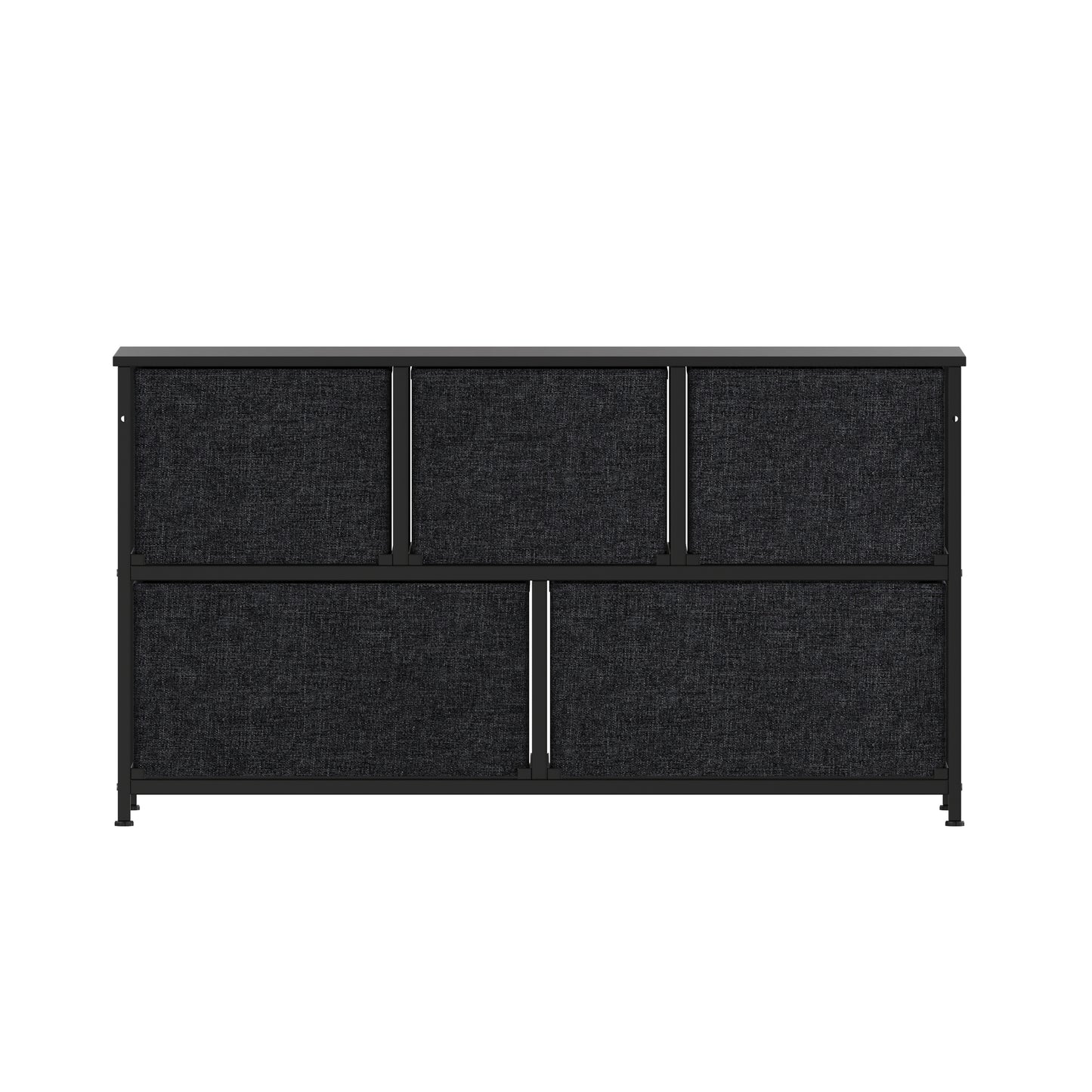 Harris 5 Drawer Vertical Storage Dresser with Black Cast Iron Frame and Wood Top and Black Easy Pull Fabric Drawers with Wooden Handles