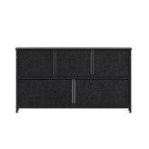Harris 5 Drawer Vertical Storage Dresser with Black Cast Iron Frame and Wood Top and Black Easy Pull Fabric Drawers with Wooden Handles