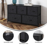 Harris 5 Drawer Vertical Storage Dresser with Black Cast Iron Frame and Wood Top and Black Easy Pull Fabric Drawers with Wooden Handles