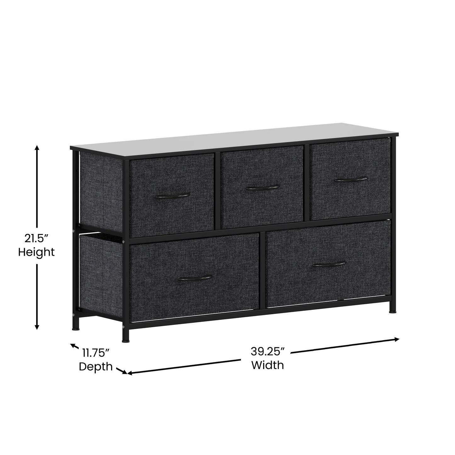 Harris 5 Drawer Vertical Storage Dresser with Black Cast Iron Frame and Wood Top and Black Easy Pull Fabric Drawers with Wooden Handles