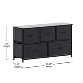 Harris 5 Drawer Vertical Storage Dresser with Black Cast Iron Frame and Wood Top and Black Easy Pull Fabric Drawers with Wooden Handles