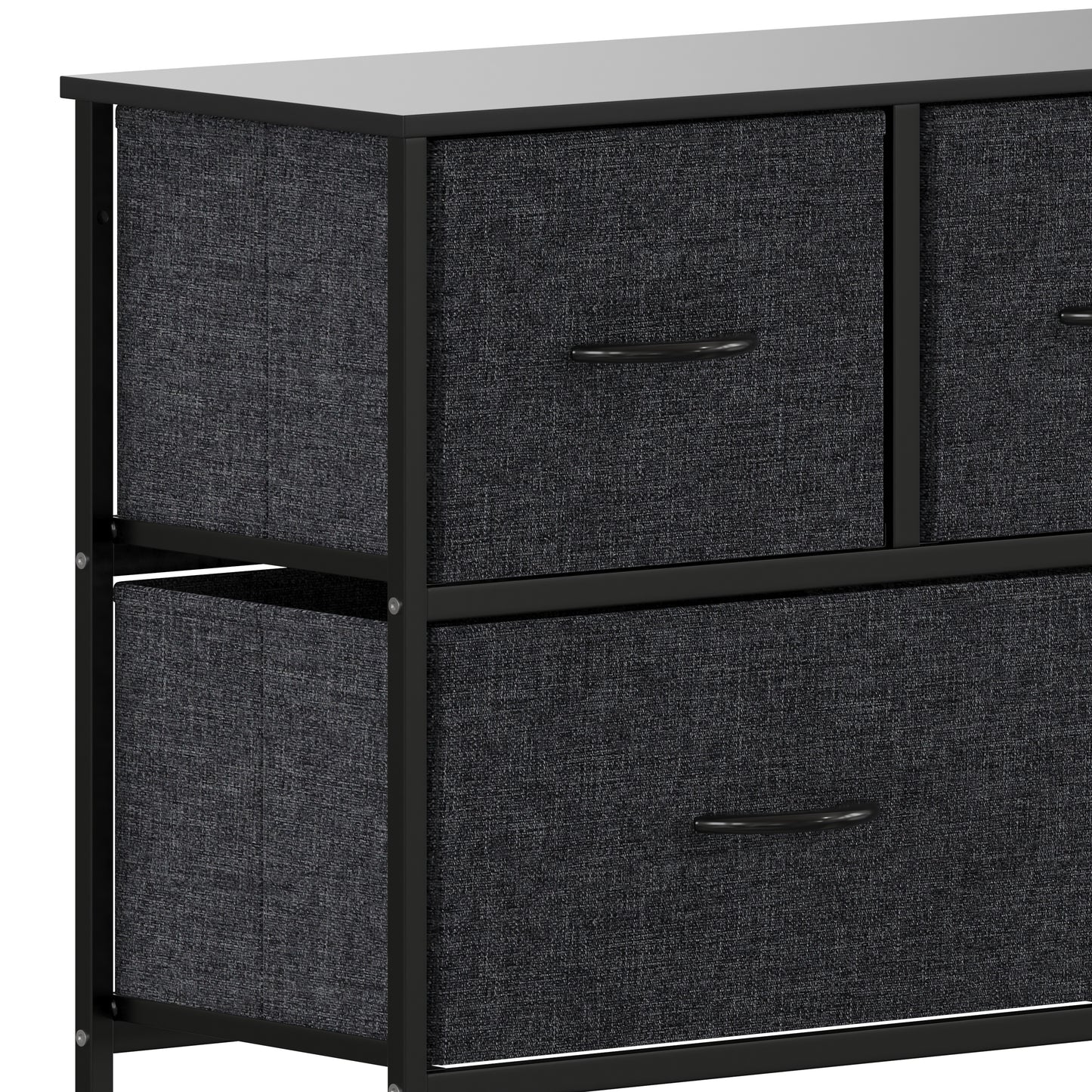 Harris 5 Drawer Vertical Storage Dresser with Black Cast Iron Frame and Wood Top and Black Easy Pull Fabric Drawers with Wooden Handles