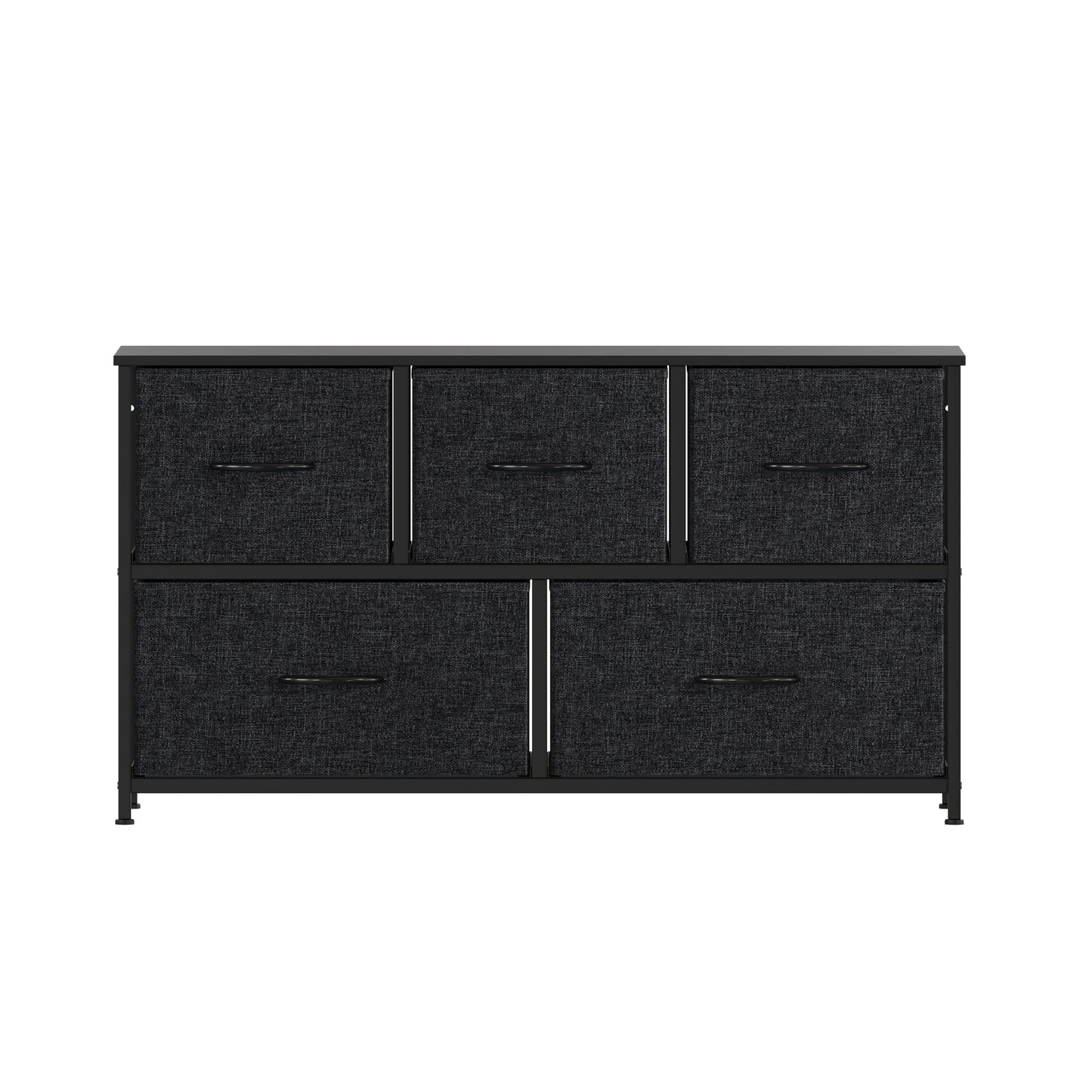 Harris 5 Drawer Vertical Storage Dresser with Black Cast Iron Frame and Wood Top and Black Easy Pull Fabric Drawers with Wooden Handles