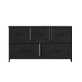 Harris 5 Drawer Vertical Storage Dresser with Black Cast Iron Frame and Wood Top and Black Easy Pull Fabric Drawers with Wooden Handles