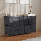 Harris 5 Drawer Vertical Storage Dresser with Black Cast Iron Frame and Wood Top and Black Easy Pull Fabric Drawers with Wooden Handles