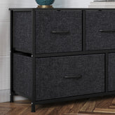 Harris 5 Drawer Vertical Storage Dresser with Black Cast Iron Frame and Wood Top and Black Easy Pull Fabric Drawers with Wooden Handles