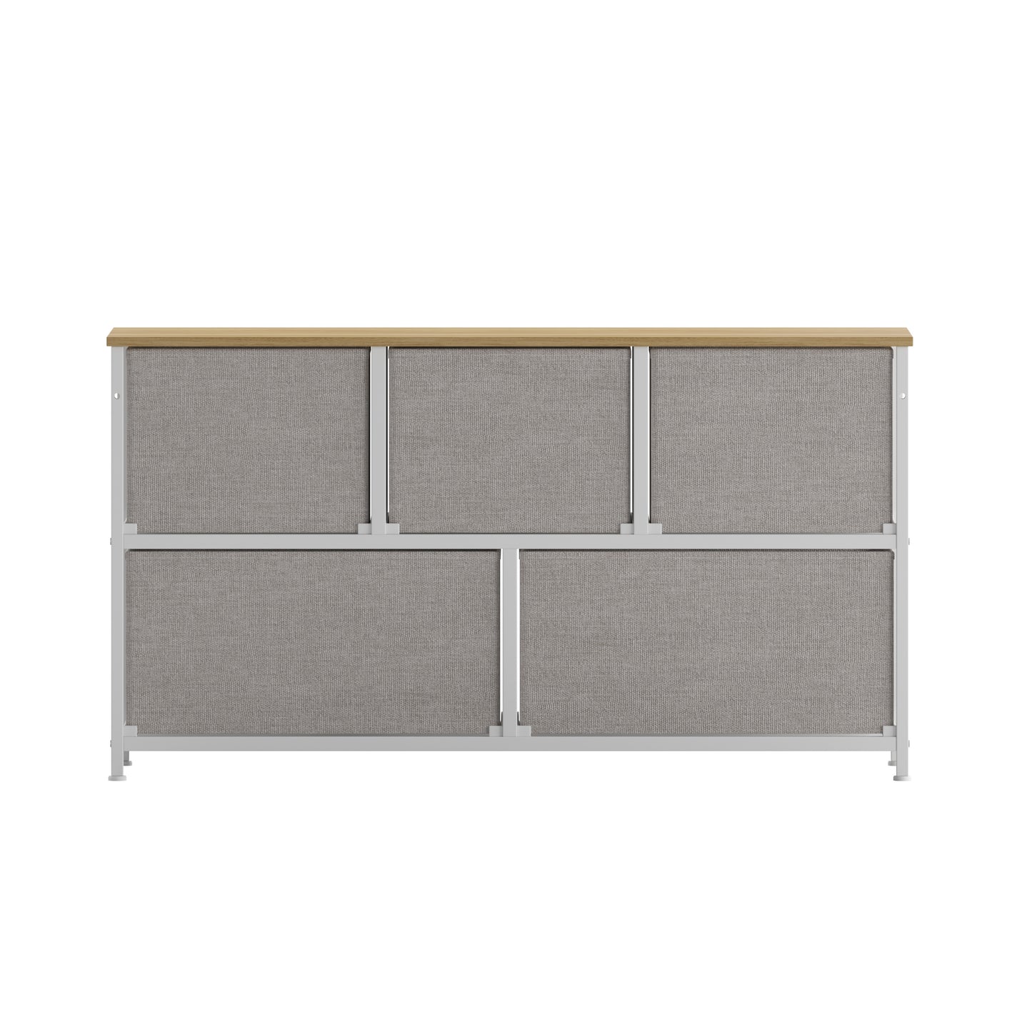 Harris 5 Drawer Vertical Storage Dresser with White Cast Iron Frame, Oak Wood Top and Beige Easy Pull Fabric Drawers with Natural Wooden Handles