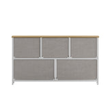 Harris 5 Drawer Vertical Storage Dresser with White Cast Iron Frame, Oak Wood Top and Beige Easy Pull Fabric Drawers with Natural Wooden Handles