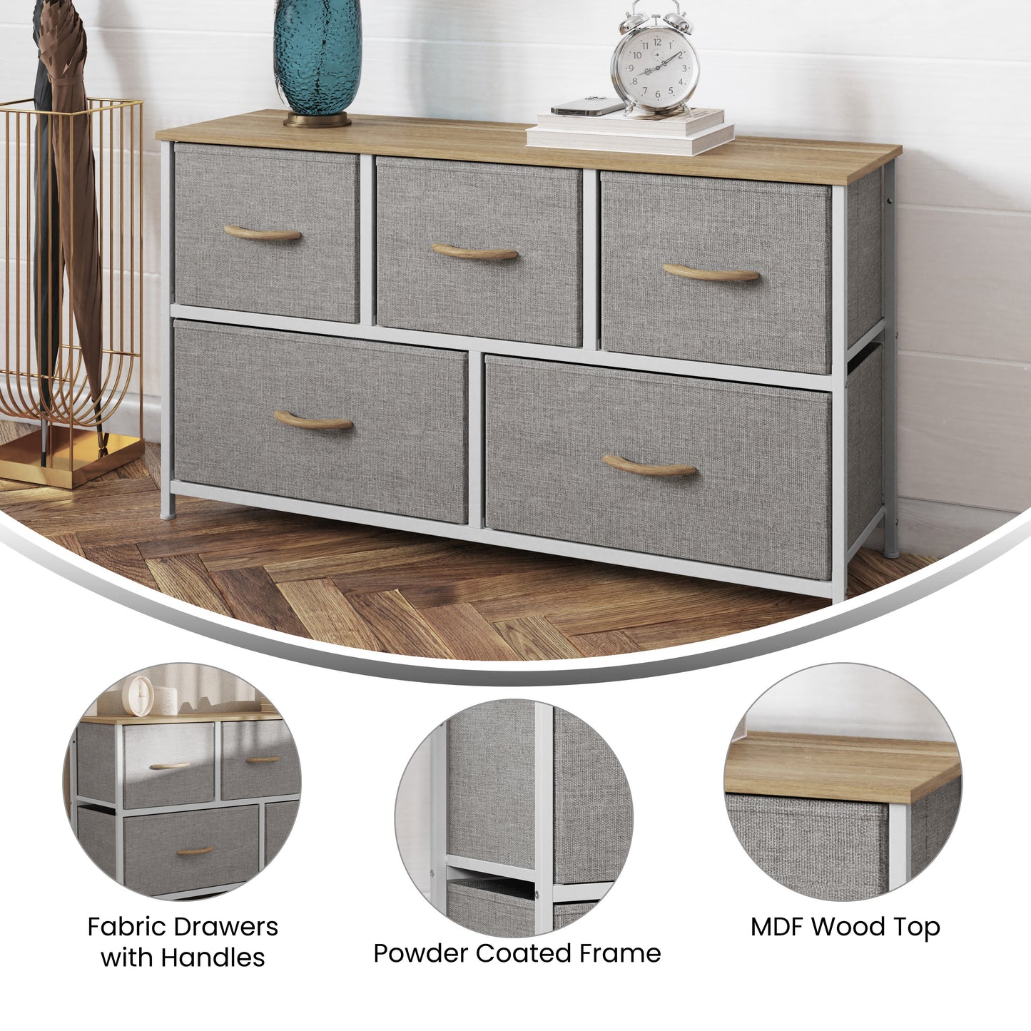 Harris 5 Drawer Vertical Storage Dresser with White Cast Iron Frame, Oak Wood Top and Beige Easy Pull Fabric Drawers with Natural Wooden Handles