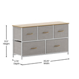 Harris 5 Drawer Vertical Storage Dresser with White Cast Iron Frame, Oak Wood Top and Beige Easy Pull Fabric Drawers with Natural Wooden Handles