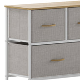 Harris 5 Drawer Vertical Storage Dresser with White Cast Iron Frame, Oak Wood Top and Beige Easy Pull Fabric Drawers with Natural Wooden Handles