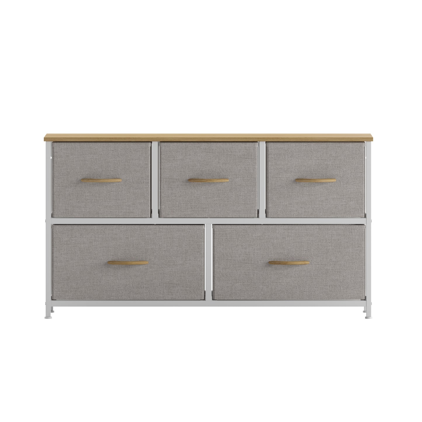 Harris 5 Drawer Vertical Storage Dresser with White Cast Iron Frame, Oak Wood Top and Beige Easy Pull Fabric Drawers with Natural Wooden Handles