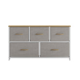Harris 5 Drawer Vertical Storage Dresser with White Cast Iron Frame, Oak Wood Top and Beige Easy Pull Fabric Drawers with Natural Wooden Handles
