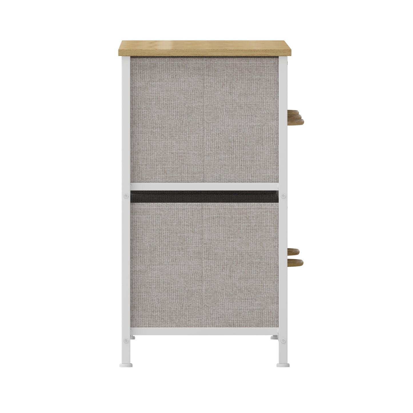 Harris 5 Drawer Vertical Storage Dresser with White Cast Iron Frame, Oak Wood Top and Beige Easy Pull Fabric Drawers with Natural Wooden Handles