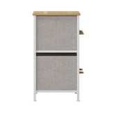 Harris 5 Drawer Vertical Storage Dresser with White Cast Iron Frame, Oak Wood Top and Beige Easy Pull Fabric Drawers with Natural Wooden Handles