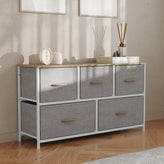 Harris 5 Drawer Vertical Storage Dresser with White Cast Iron Frame, Oak Wood Top and Beige Easy Pull Fabric Drawers with Natural Wooden Handles